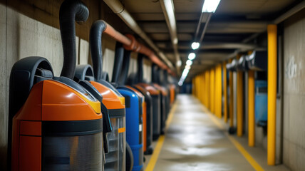 An underground parking garage filled with numerous vacuum cleaners, each parked in designated spaces, creating a peculiar scene of orderly machines lined up in the dimly lit space.