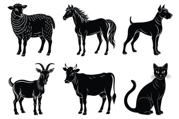 Animals silhouette set. Domestic animal silhouettes cat, cow, dog, horse, goat, sheep vector illustration