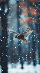 An owl flying in the air, snowflakes falling around it, woods behind it, backlight photography,