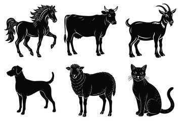 Animals silhouette set. Domestic animal silhouettes cat, cow, dog, horse, goat, sheep vector illustration