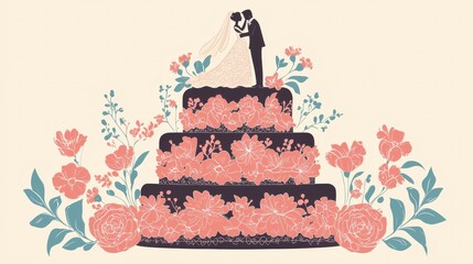 A beautifully designed wedding cake adorned with flowers and a couple on top, ideal for wedding themes and celebrations.
