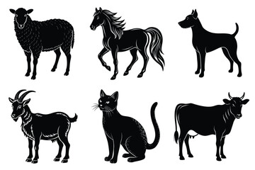 Animals silhouette set. Domestic animal silhouettes cat, cow, dog, horse, goat, sheep vector illustration