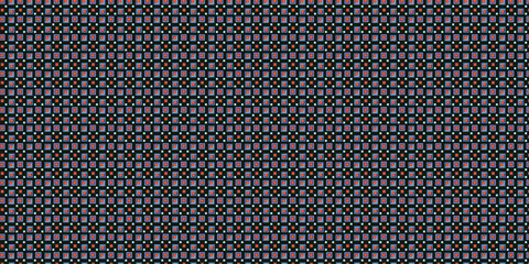 Seamless pattern with colorful geometric squares and dots in blue, red, and green on a black background. Perfect for wallpapers, textiles, packaging and web design