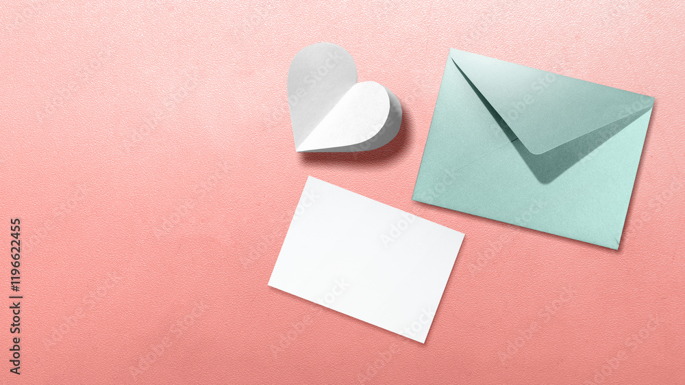 Poster white heart with empty card and envelope on a colored background. copy space. mockup. valentine card