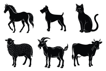 Animals silhouette set. Domestic animal silhouettes cat, cow, dog, horse, goat, sheep vector illustration