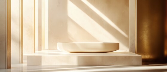Fototapeta premium Minimalist floating gold podium with organic dynamic edges, metallic highlights, and futuristic luxury details