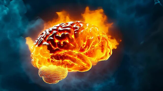 Fiery brain floating space.Glowing mind symbolizes creativity.Midnight celestial ignites inspiration.vivid metaphor burning ideas.Creative energy illuminated cosmos.Brainstorming represented fantasy.