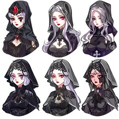 Gothic-style female avatars, digital art, fantasy setting, game character variations, profile view