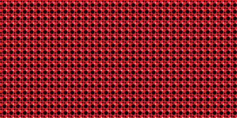 Seamless pattern featuring black dots with white centers on a vibrant red background, creating a bold and modern geometric design  Perfect for wallpapers, textiles, packaging and web design