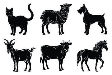 Animals silhouette set. Domestic animal silhouettes cat, cow, dog, horse, goat, sheep vector illustration