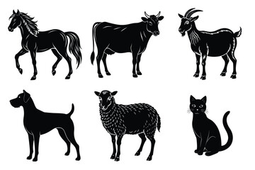 Animals silhouette set. Domestic animal silhouettes cat, cow, dog, horse, goat, sheep vector illustration