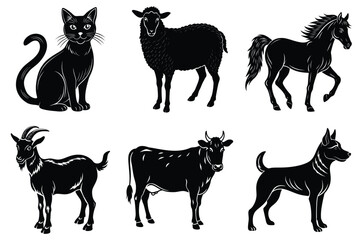 Animals silhouette set. Domestic animal silhouettes cat, cow, dog, horse, goat, sheep vector illustration