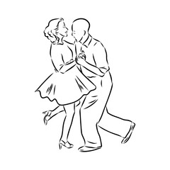 Couple in love dancing and having fun, hand drawn outline illustration. swing dance. vector