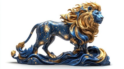 Majestic Celestial Lion Sculpture with Golden Mane and Starry Blue Body on Artistic Base