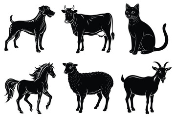 Animals silhouette set. Domestic animal silhouettes cat, cow, dog, horse, goat, sheep vector illustration