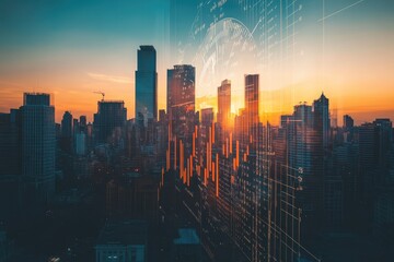 Fototapeta premium Sunset Cityscape with Overlaid Financial Data Visualization: A Stunning Aerial View of Modern Urban Development and Economic Growth