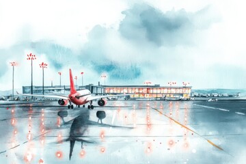 A colorful watercolor illustration of an airport scene, showcasing a plane on the runway with a modern terminal building in the background.