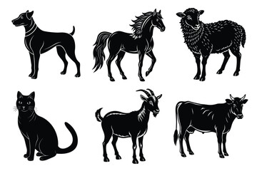Animals silhouette set. Domestic animal silhouettes cat, cow, dog, horse, goat, sheep vector illustration