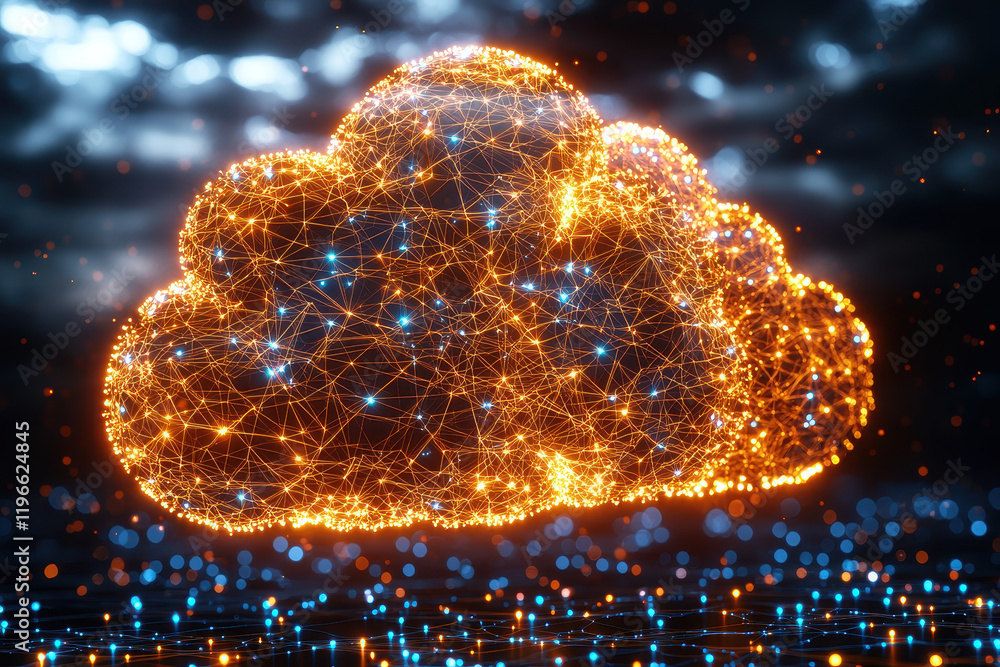 Poster conceptual big data cloud with vibrant glowing nodes creates an interconnected network in a futurist