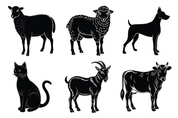 Animals silhouette set. Domestic animal silhouettes cat, cow, dog, horse, goat, sheep vector illustration