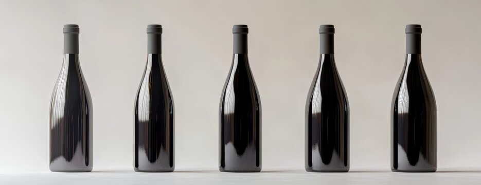 Five dark glass wine bottles in a row on white background.