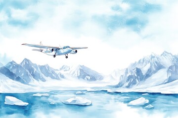 Naklejka premium A scenic watercolor depiction of a small airplane flying over a serene icy landscape, with majestic mountains and floating icebergs under a cloudy sky.