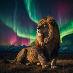 A lion with its mane shimmering under a vibrant aurora borealis.