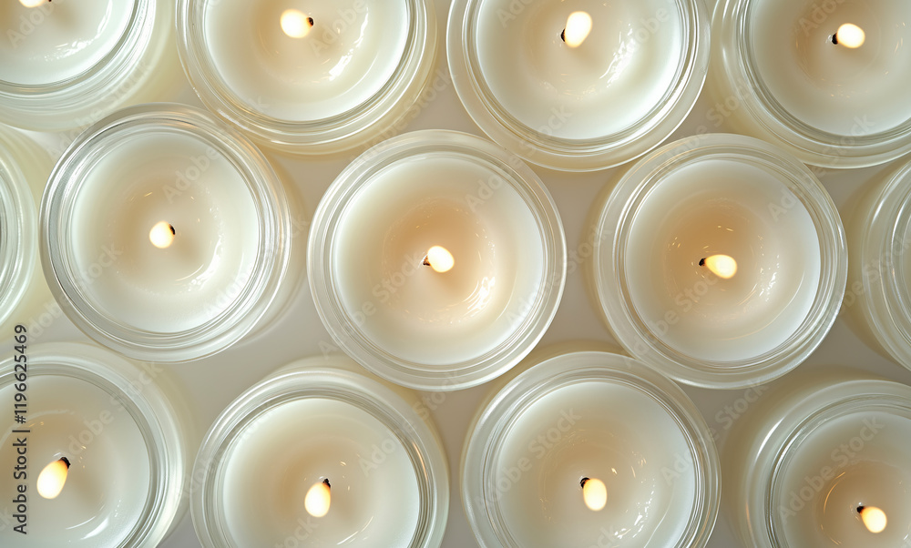 Poster candles glow: a captivating overhead shot of numerous softly lit candles, arranged in a grid pattern