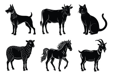 Animals silhouette set. Domestic animal silhouettes cat, cow, dog, horse, goat, sheep vector illustration