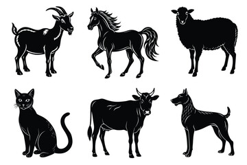 Animals silhouette set. Domestic animal silhouettes cat, cow, dog, horse, goat, sheep vector illustration