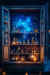 A realistic photo of an open wooden cabinet with glass shelves containing magical potions, elixirs, and eyes in different sizes. The background is a dark blue, starry sky. Candles light up the scene