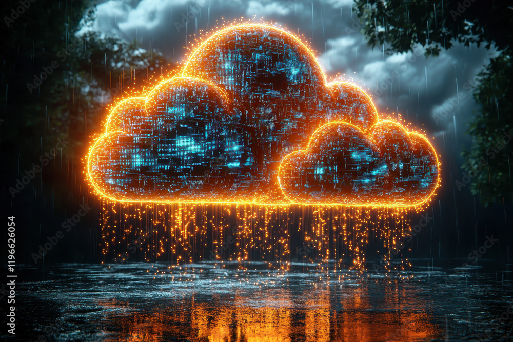 Poster futuristic big data cloud displays intricate holographs and neon pathways under a digital rain in a 