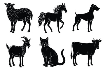 Animals silhouette set. Domestic animal silhouettes cat, cow, dog, horse, goat, sheep vector illustration