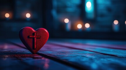 Heartfelt Faith: A Red Wooden Heart with a Cross on a Rustic Wooden Table