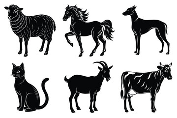 Animals silhouette set. Domestic animal silhouettes cat, cow, dog, horse, goat, sheep vector illustration