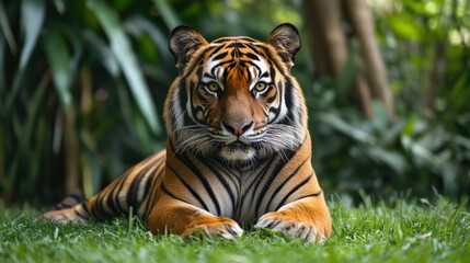 Fototapeta premium Majestic tiger resting in lush greenery.