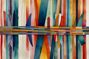 Watercolor woven paper collage made with colorful lines on white background Generative AI