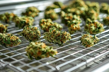 Detailed view of vibrant cannabis buds drying on a metallic rack, emphasizing the rich textures and colors that highlight the beauty of this natural product and its careful handling.