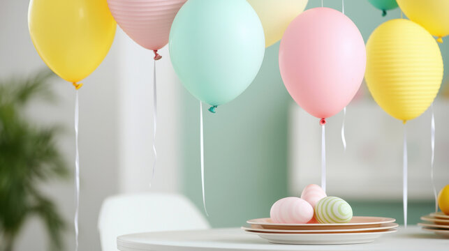 A vibrant display of colorful balloons in pastel shades, accompanied by decorative eggs, creating a festive atmosphere.