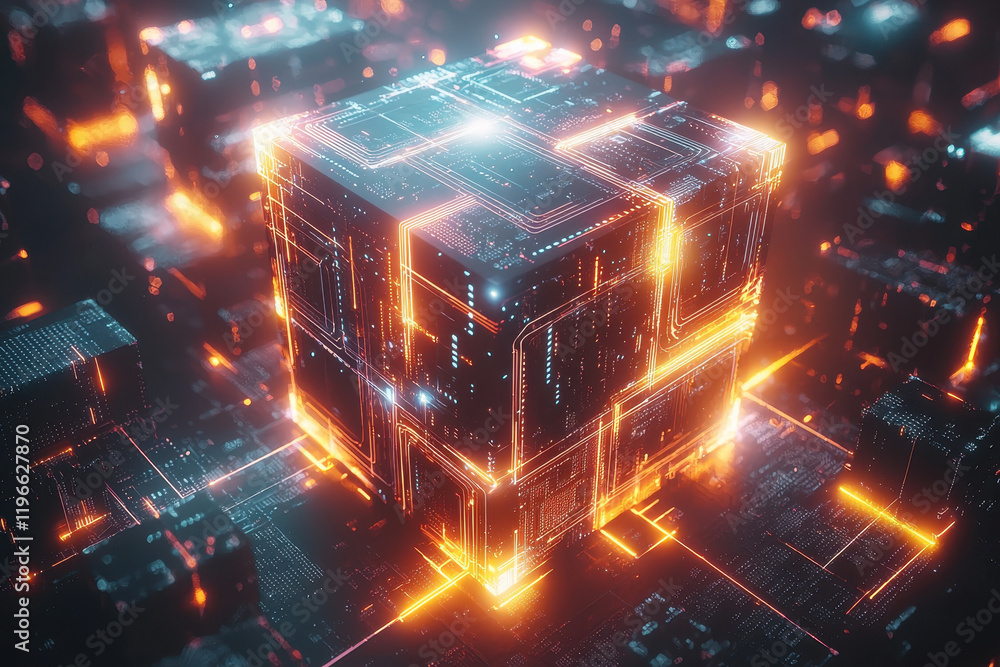 Poster glowing abstract cube showcasing intricate 3d patterns and radiant connections in vibrant cyberpunk-