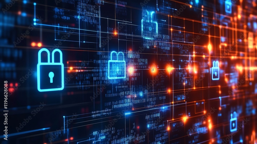 Poster cybersecurity network: digital fortress of padlocks and data streams