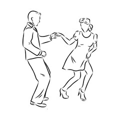 Couple in love dancing and having fun, hand drawn outline illustration. swing dance. vector