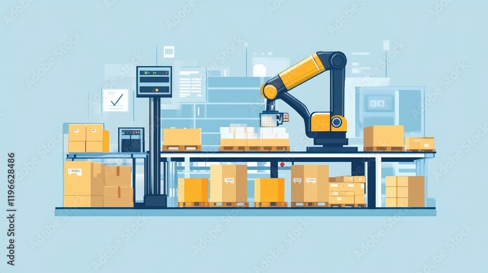 Poster automated warehouse: robotic arm handling packages on conveyor belt system