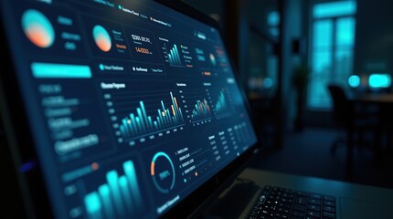 Modern online business management dashboard interface displayed on a high-resolution computer screen, bathed in a rich, dark theme, showcasing a complex array of sales metrics.