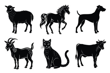 Animals silhouette set. Domestic animal silhouettes cat, cow, dog, horse, goat, sheep vector illustration