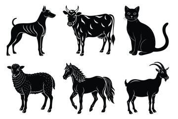 Animals silhouette set. Domestic animal silhouettes cat, cow, dog, horse, goat, sheep vector illustration