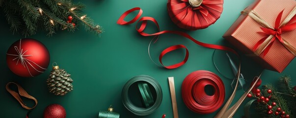 Festive red and green holiday flat lay with gifts and ribbons, vibrant seasonal decor, cheerful preparation.