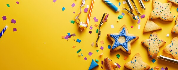 Festive Purim theme showcasing overhead shot of triangle cookies, Star of David symbols, masquerade accessories, confetti, loud noisemakers set against a vivid yellow backdrop, leaving space for text