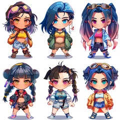 Six stylized female chibi characters, digital art, vibrant clothing, diverse hairstyles, game asset