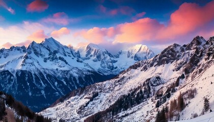 Obraz premium Fantastic snow mountains landscape banner background. Colorful